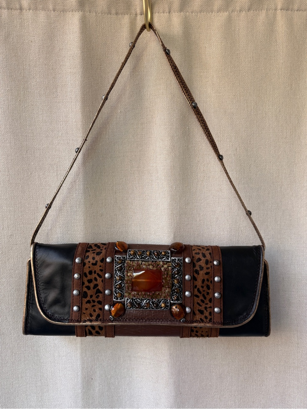 Brown and Black Embellished Cheetah Leather Women's Clutch Bag